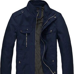 Men's Front Zip Cotton Jacket - Navy Blue, Lightweight, Stand Collar